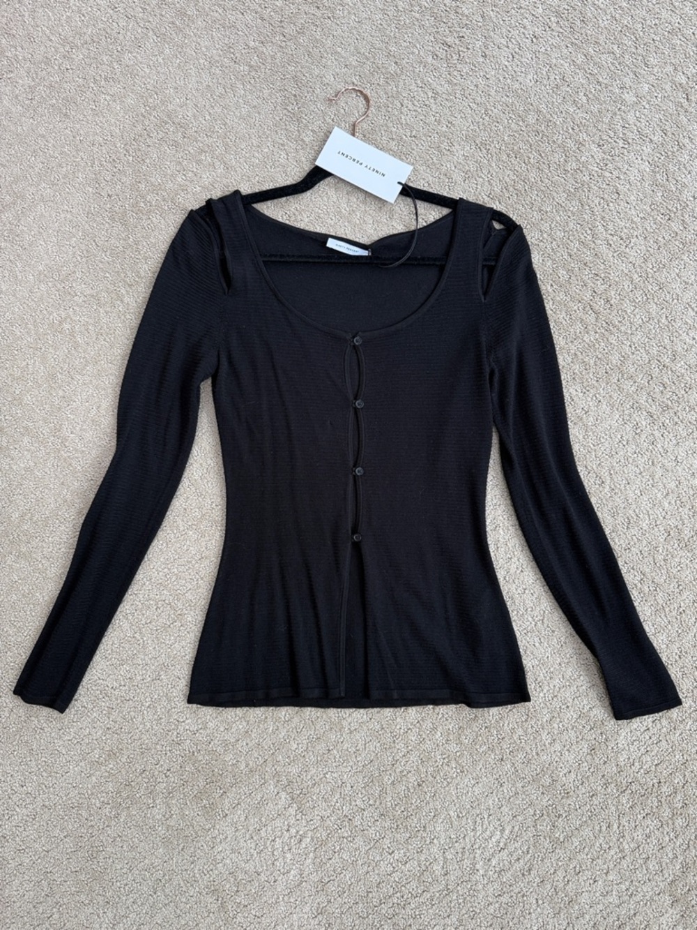 Ninety Percent Black Ribbed Button Front Top Size S Cutout Shoulder Long Sleeve